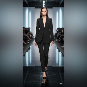 EILEEN FISHER 8 black wool blend one button long blazer